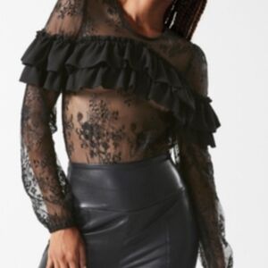 Bcbg Maxazria Rosa Black Lace Ruffle Sheer Body suit